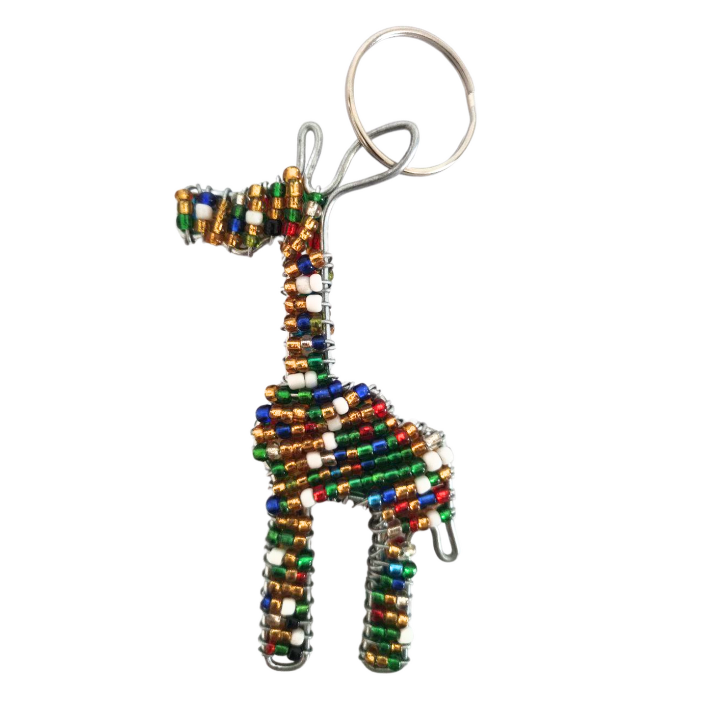 Giraffe keyring beaded with red,blue,white,Gold Beads