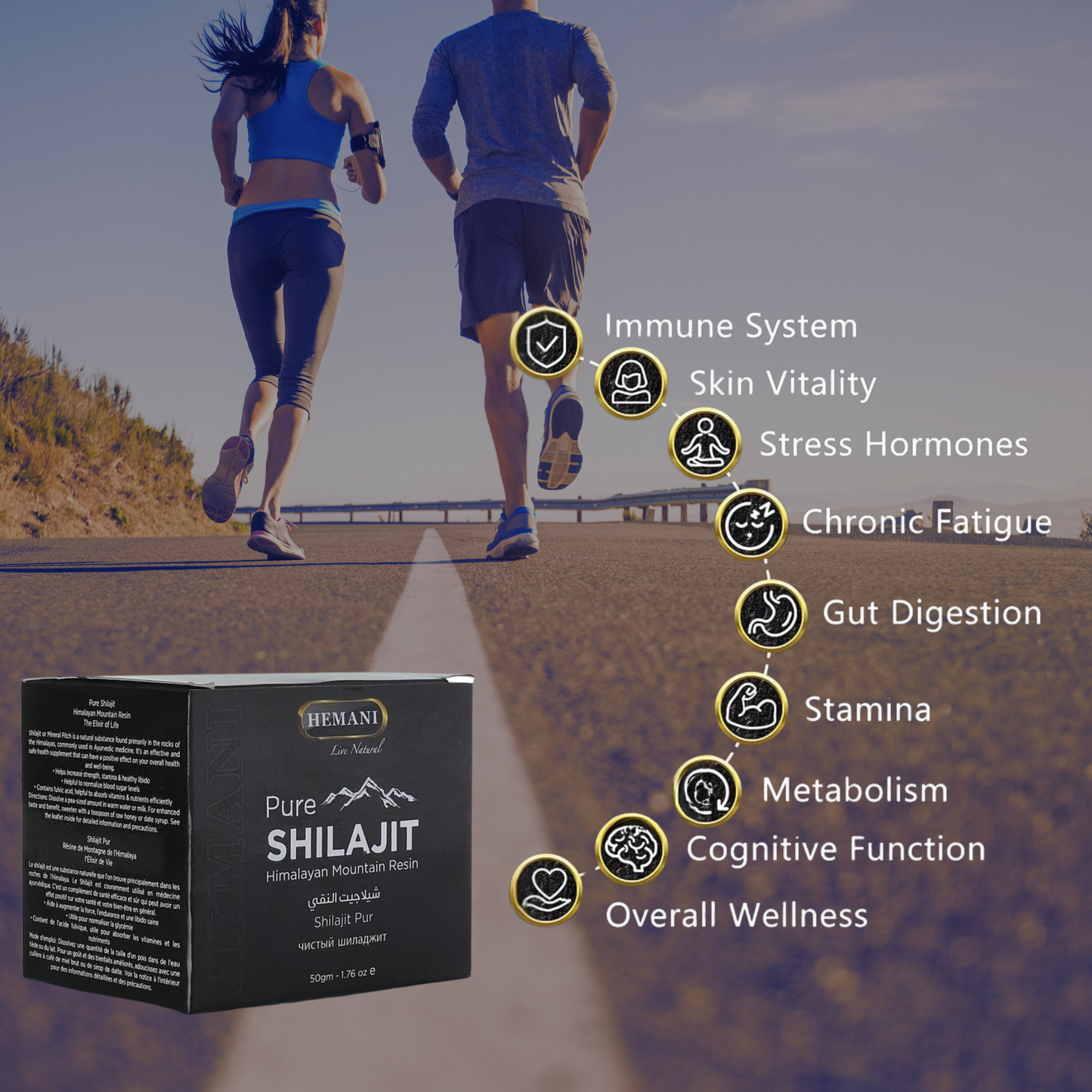 box of Himalayan shilajit and showing its benefits