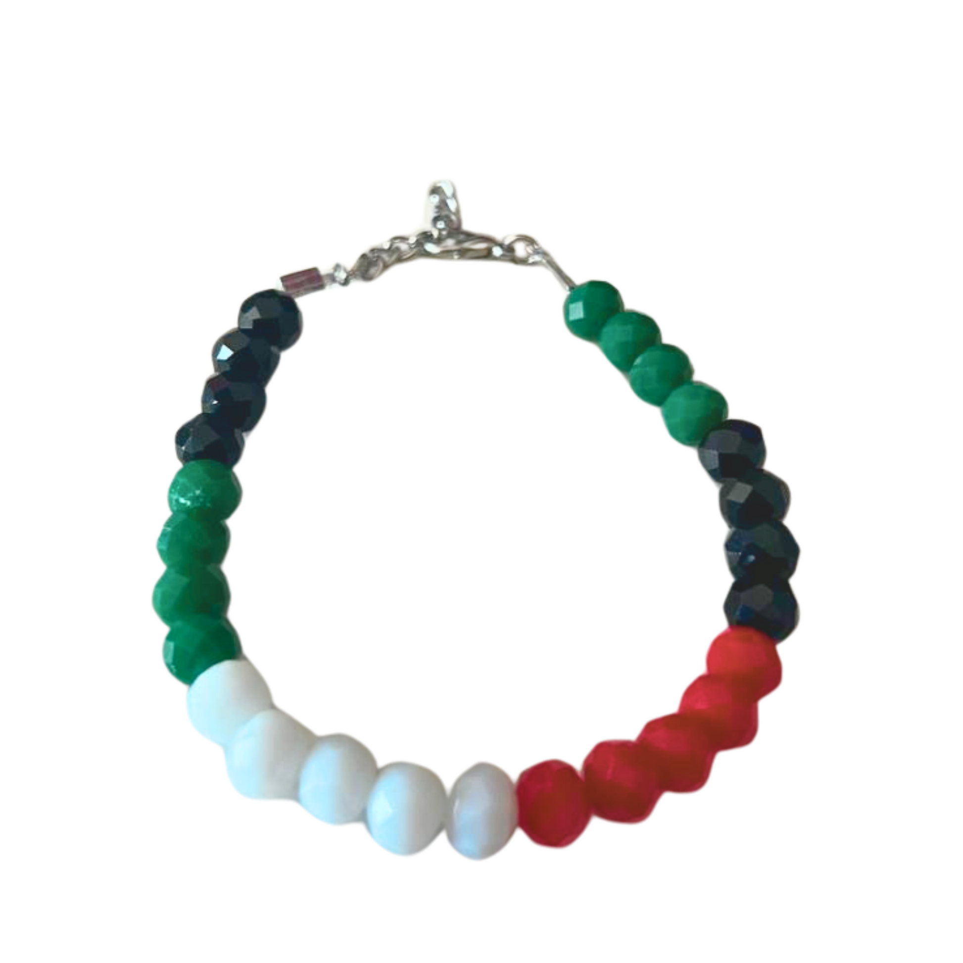 red, green, black and white beaded bracelet with adjustable chain