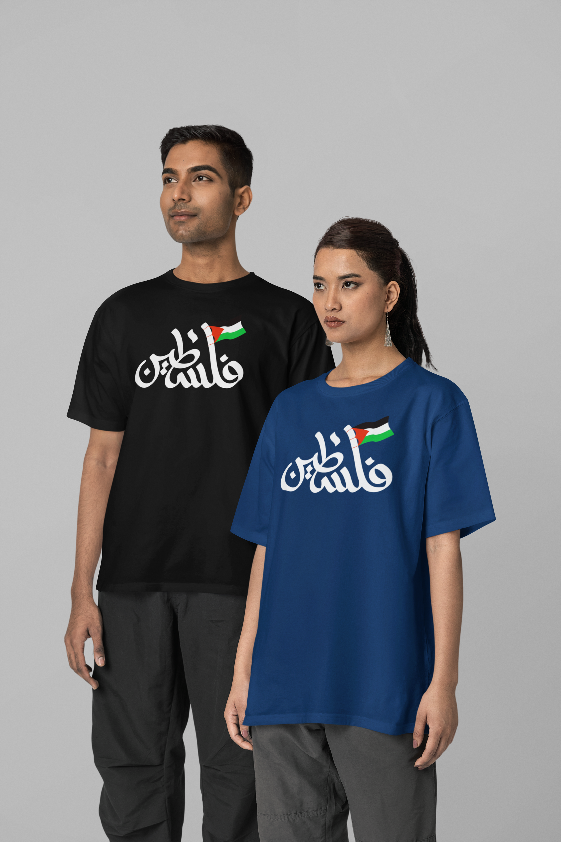 man and women wearing palestine t-shirt written in arabic
