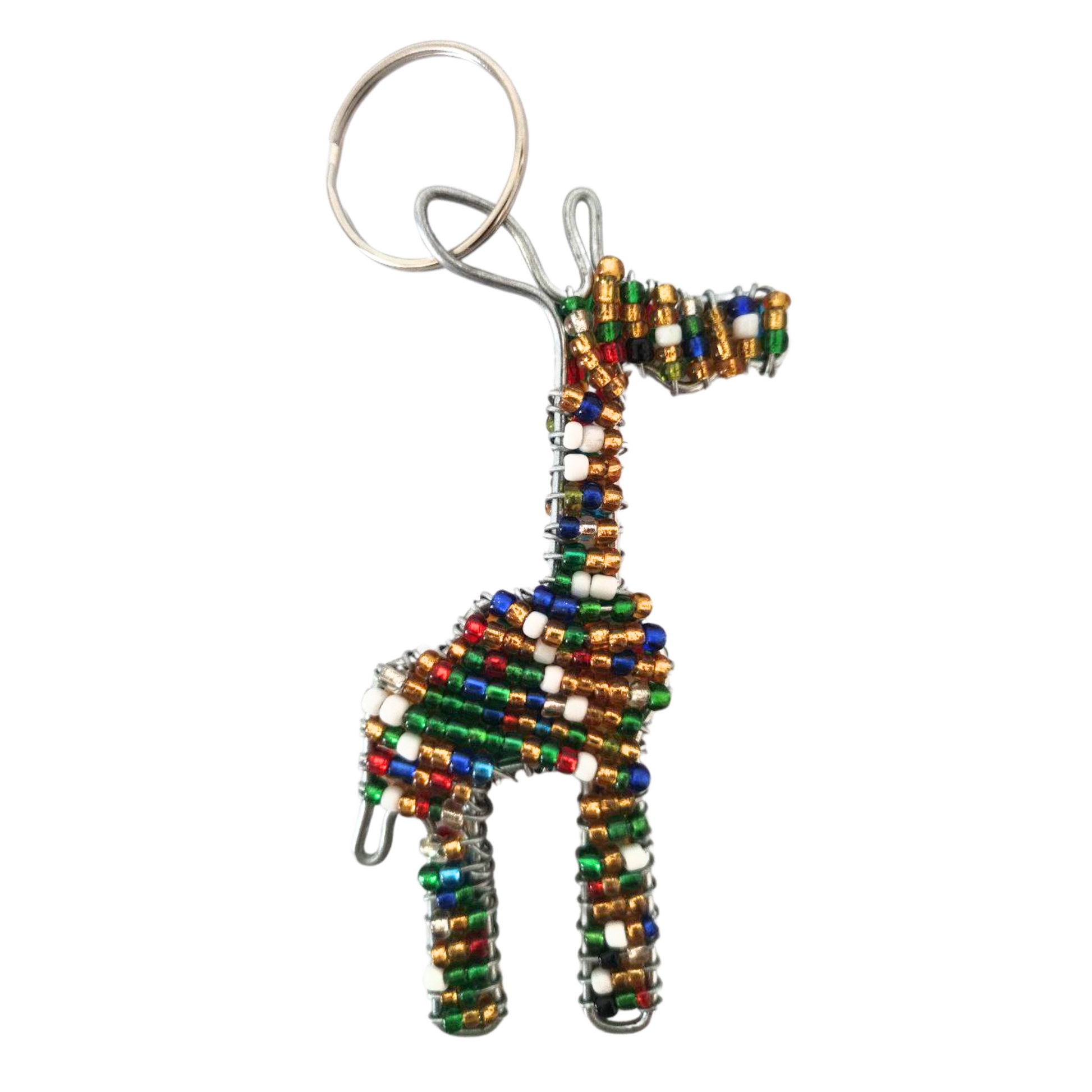 Beaded Giraffe keyring Gold,blue white, red beads