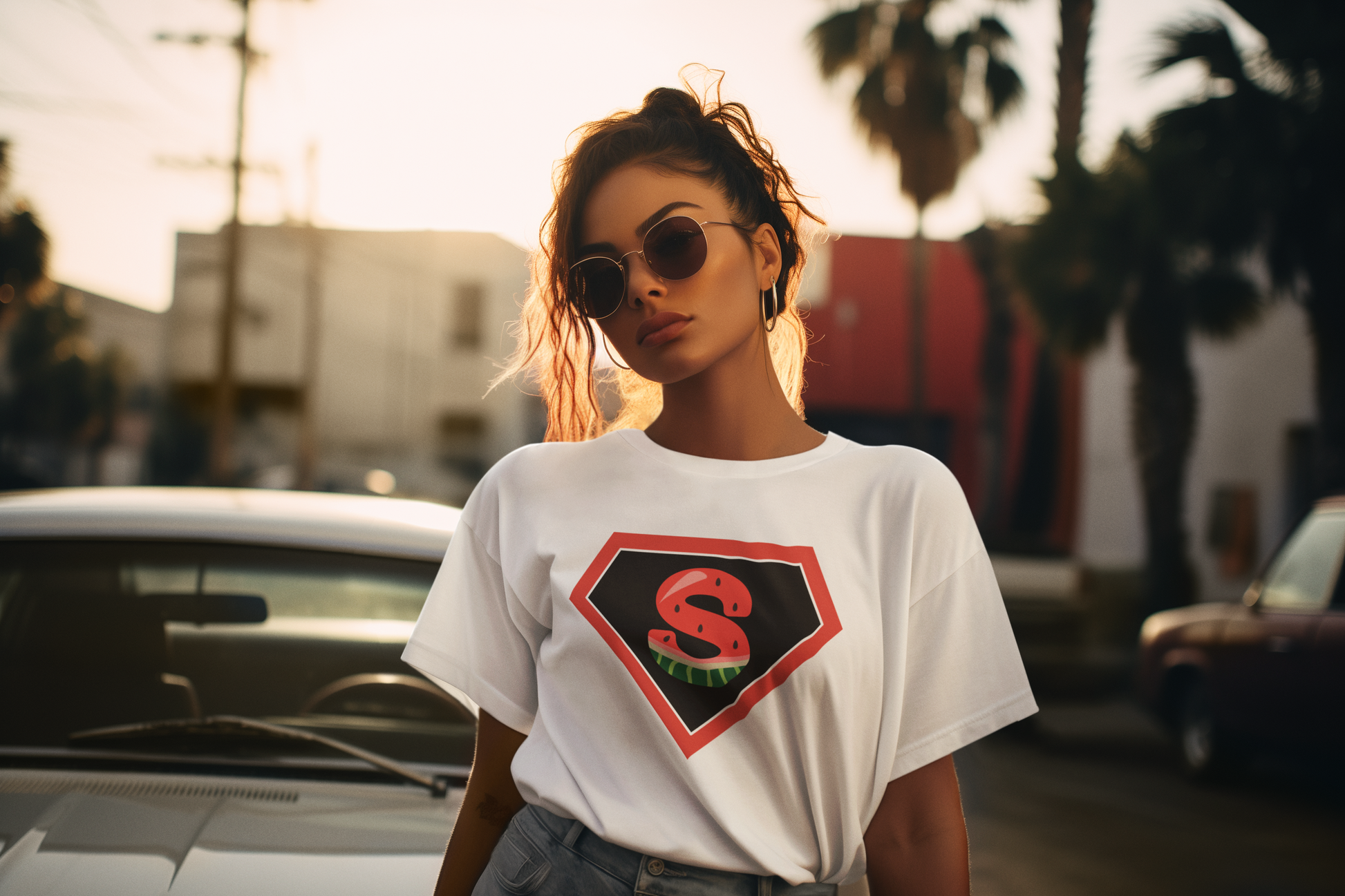 lady wearing a Superman watermelon design white t-shirt 