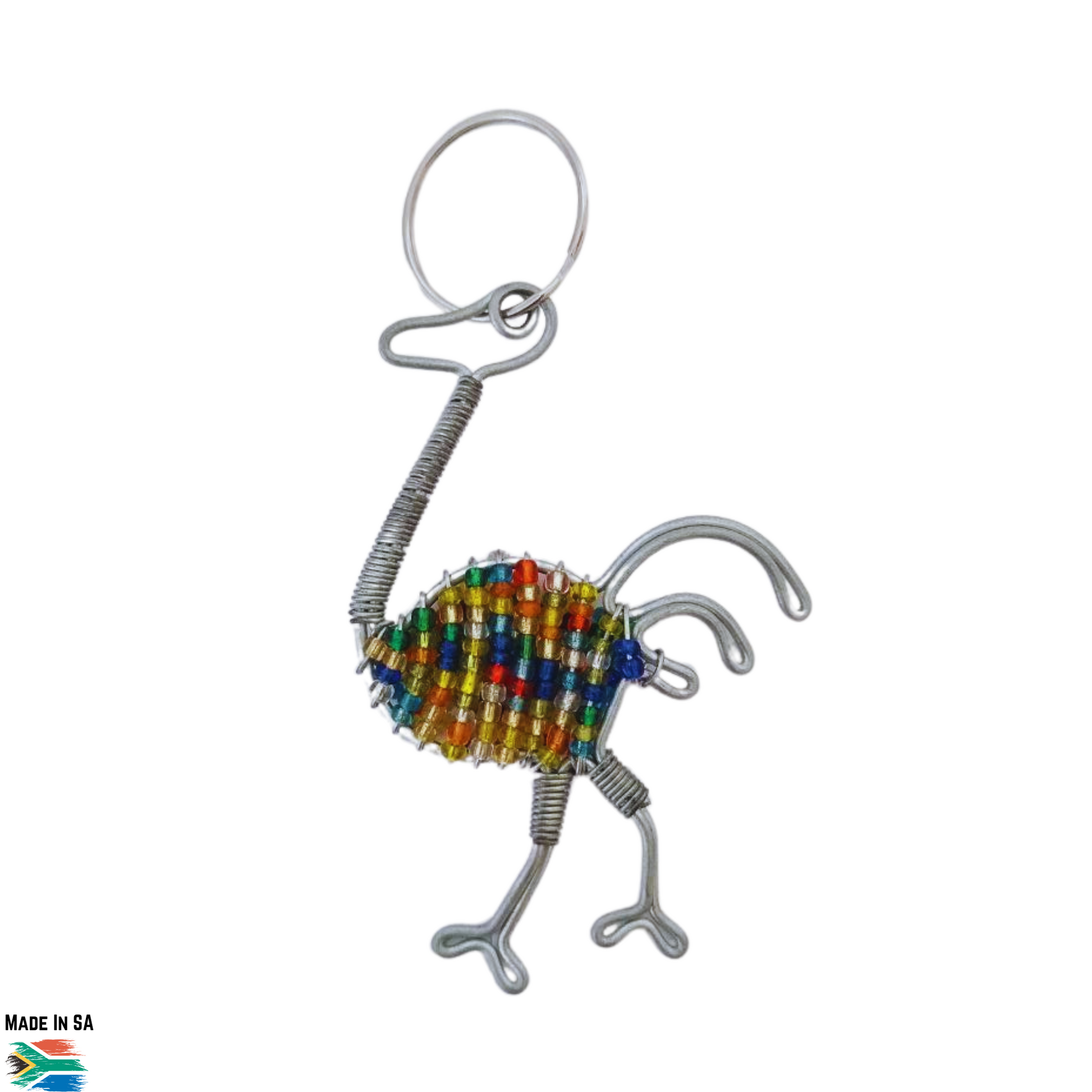side view of ostrich wired multicolor beaded keyring