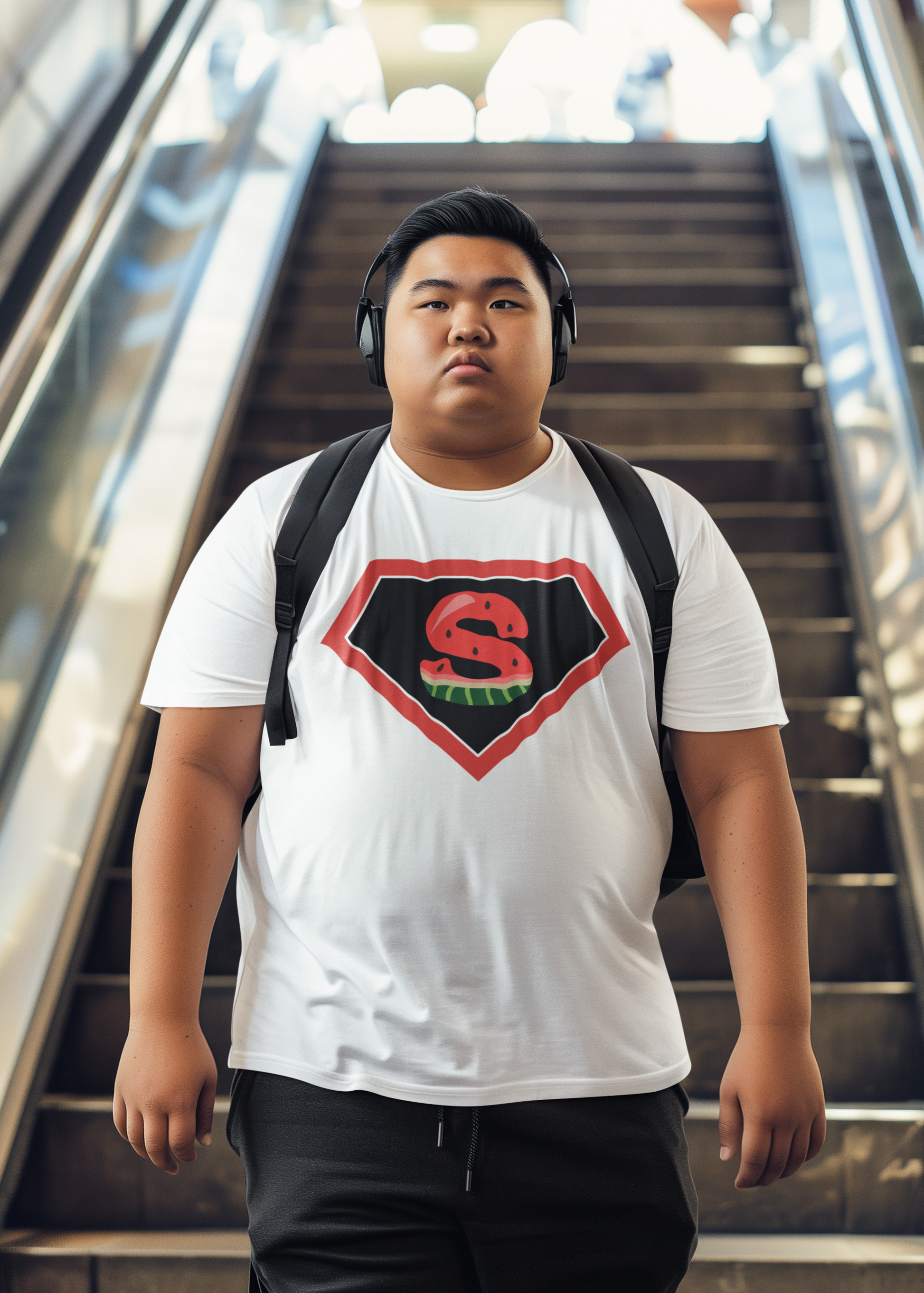 Extra large male wearing superman watermelon T-Shirt design 