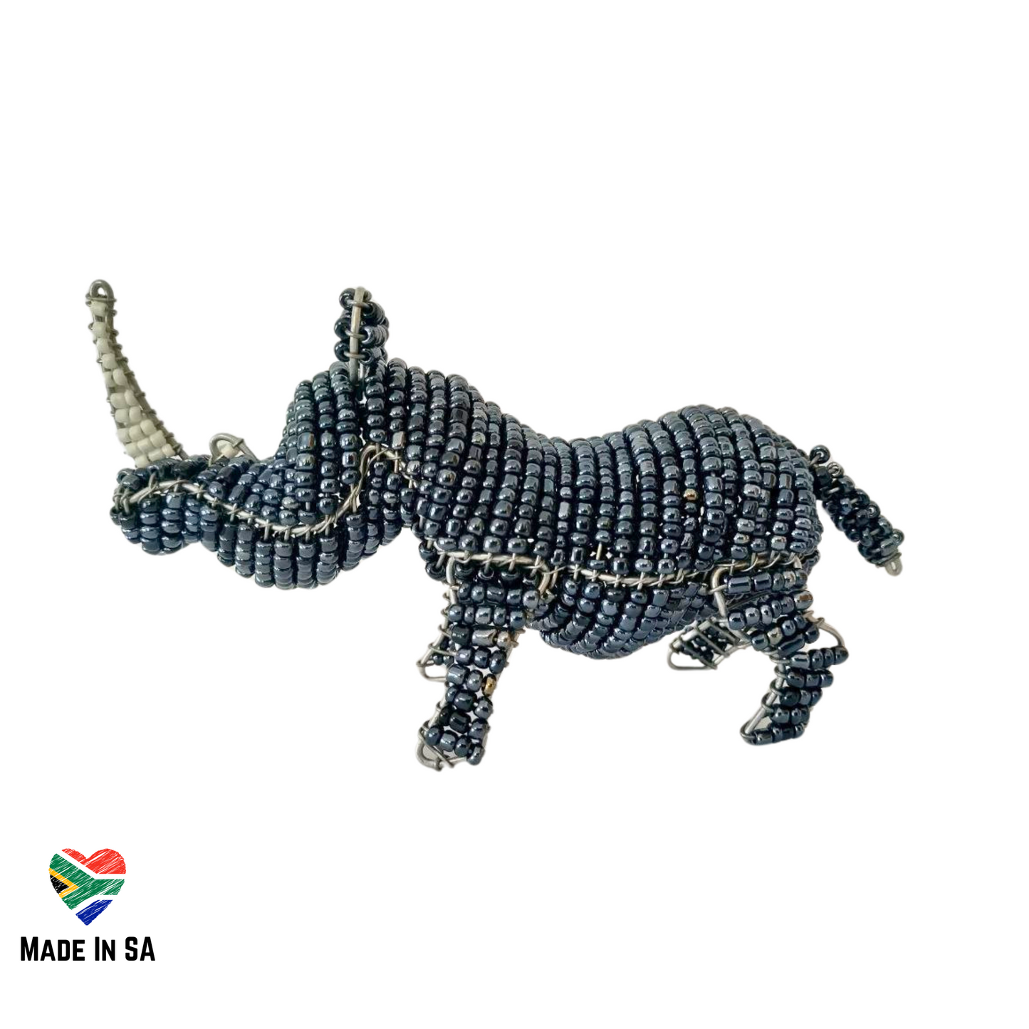 left side view of rhino wire beaded ornament standing 