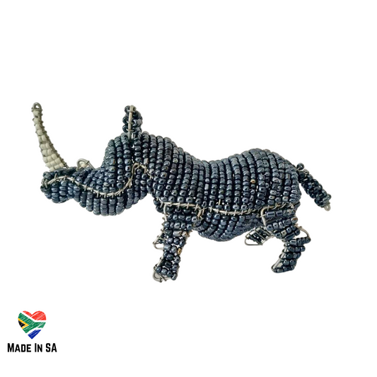 left side view of rhino wire beaded ornament standing 
