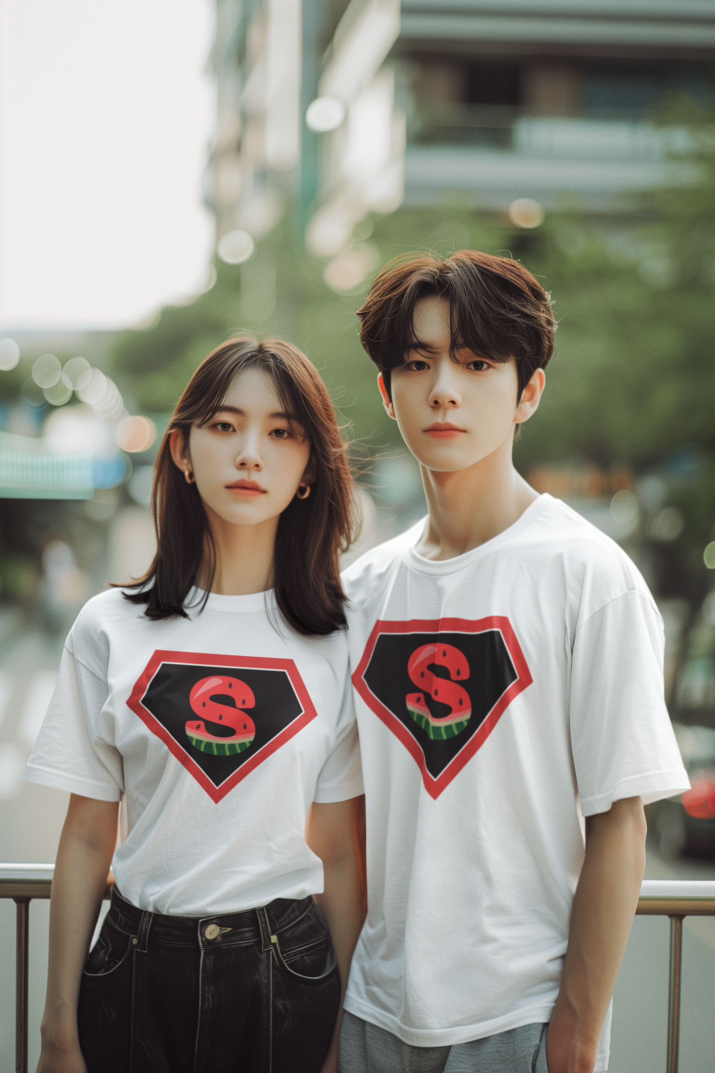 a pretty couple wearing a superman Watermelon Design T-Shirt 