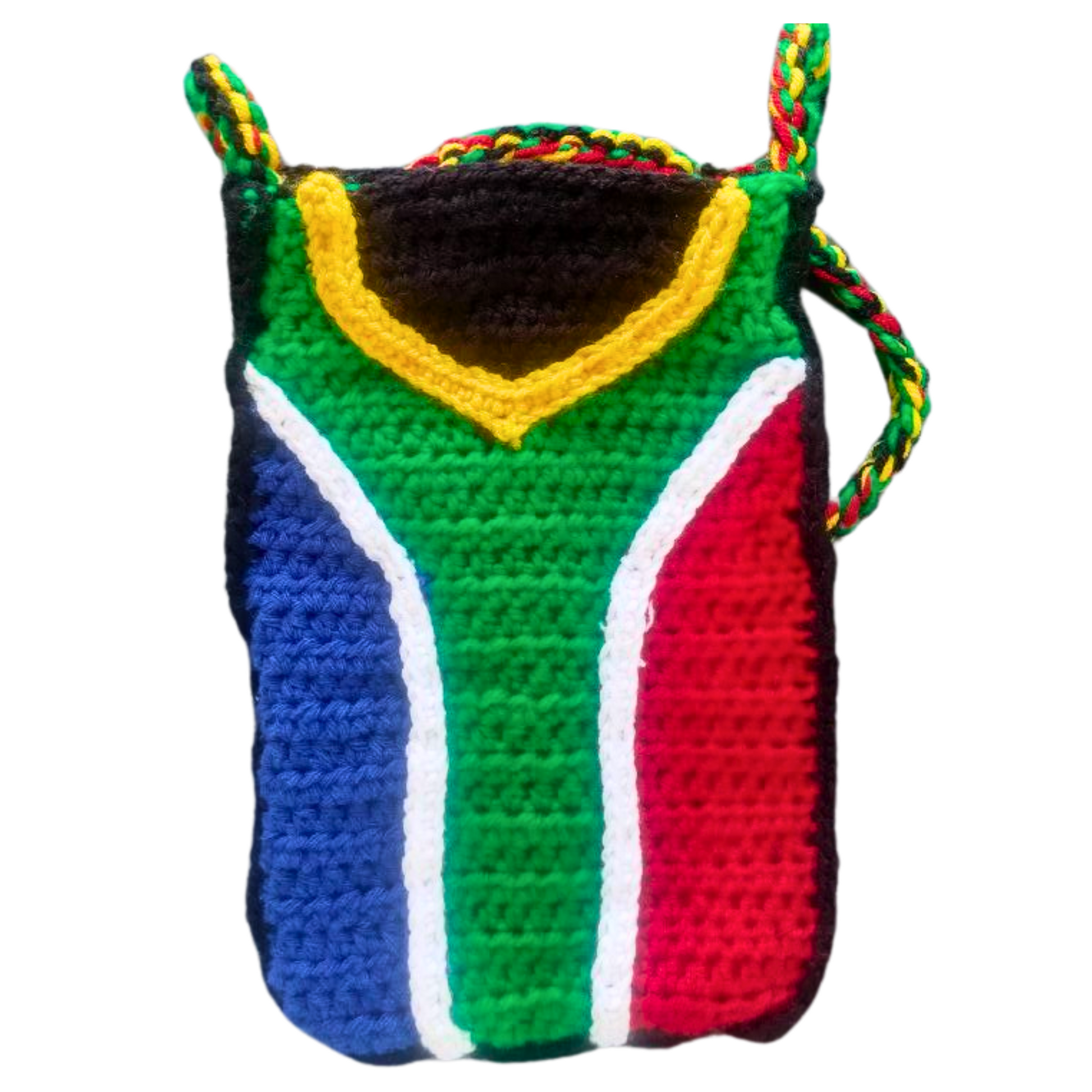 front picture of crochet handbag with south african flag