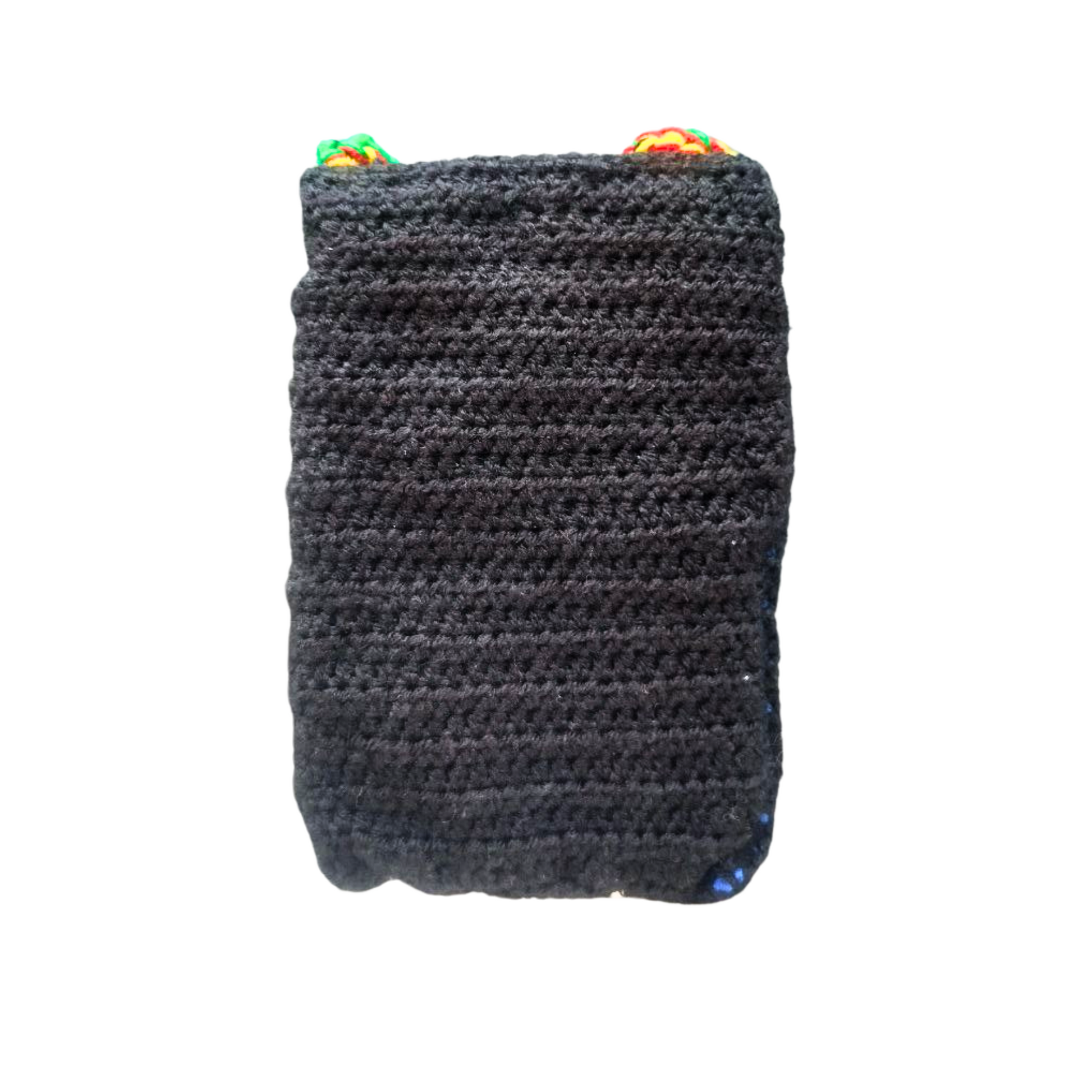 back picture of crochet south african flag handbag that is black at the back