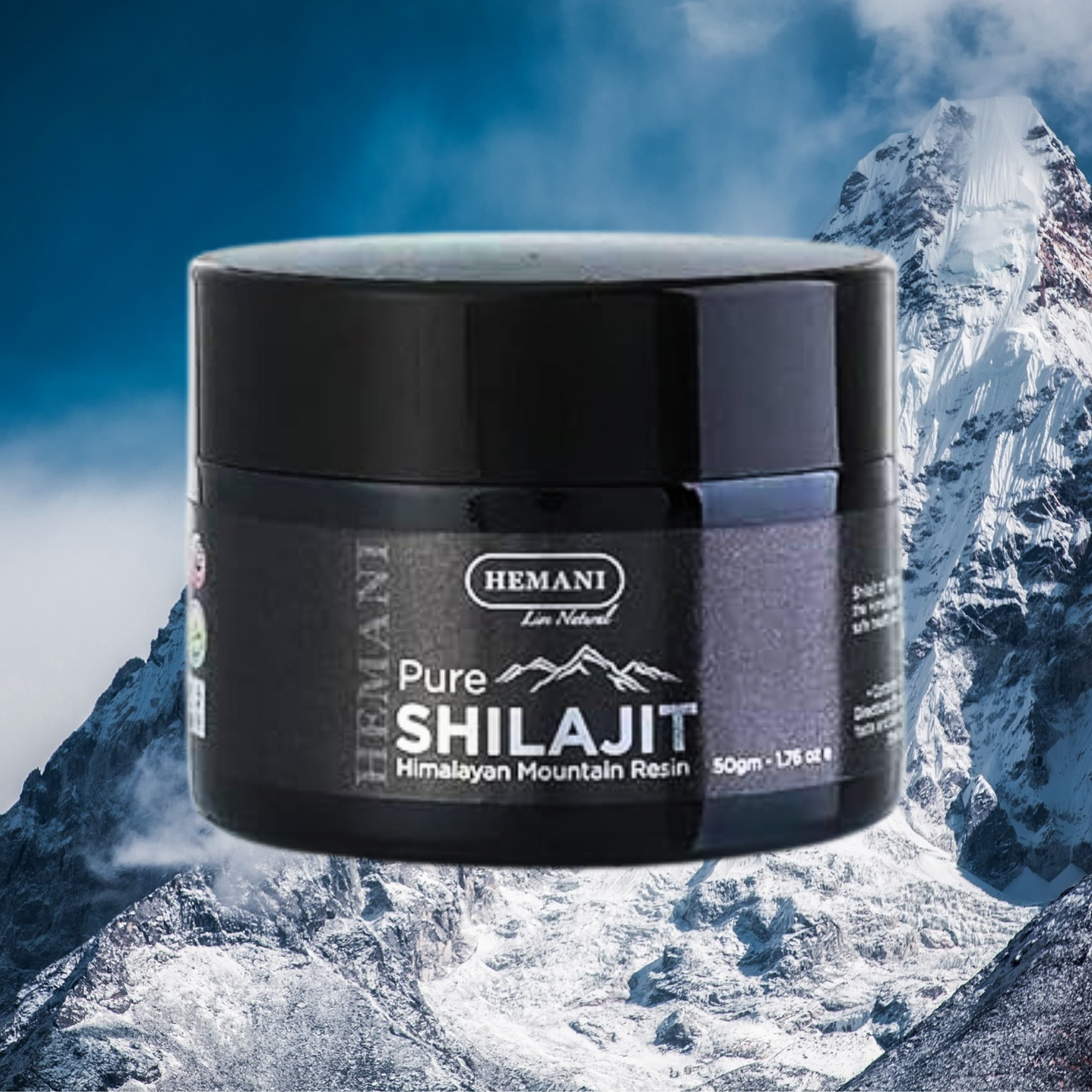 Himalayan Shilajit Bottle with Mountainous background
