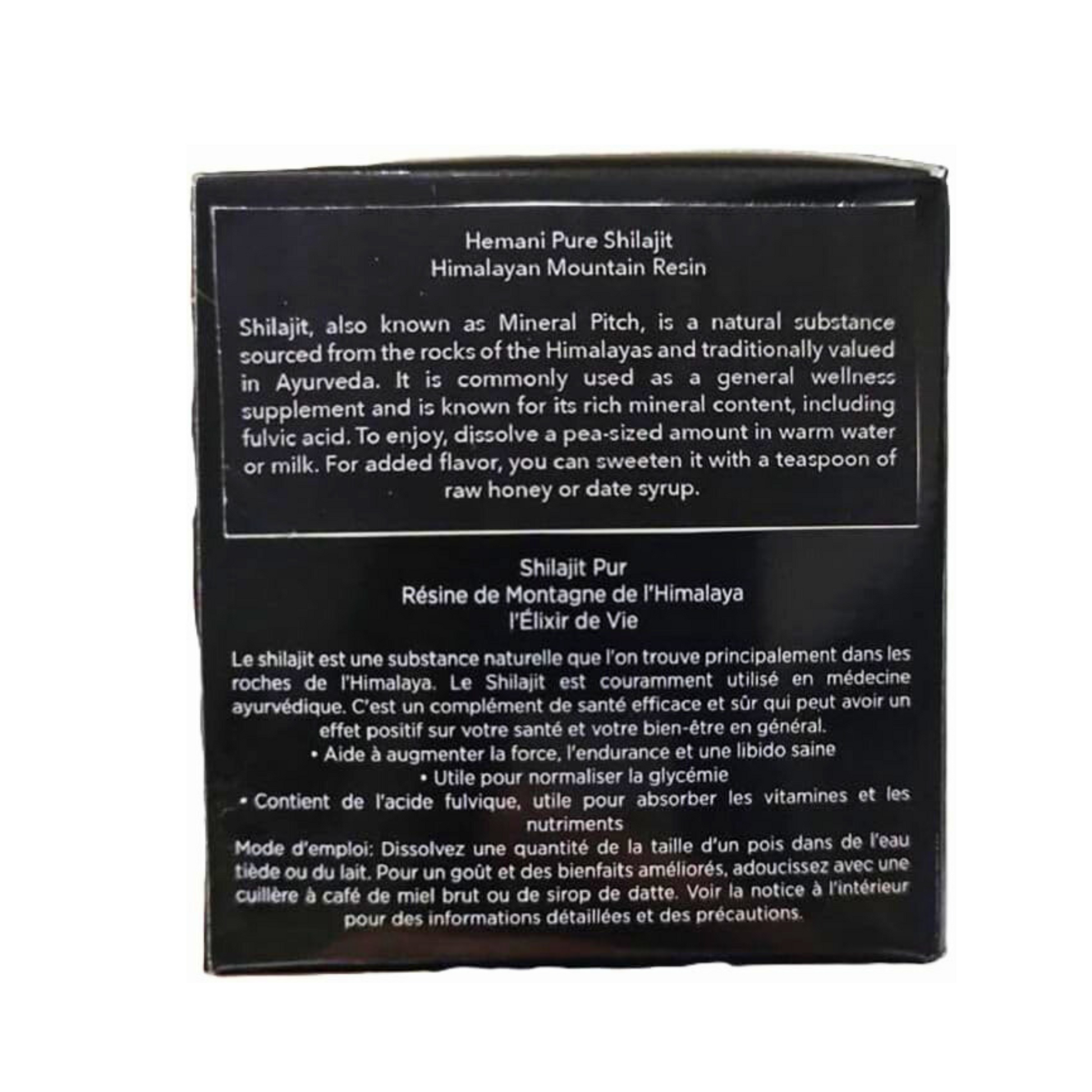 back side of himalayan shilajit showing information on product